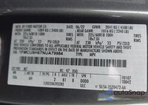 2022 Ford Escape Sel из США, поврежденный, VIN 1FMCU9H67NUA79984